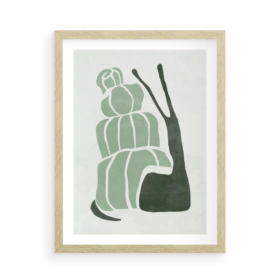 Plakat w ramie 50x70 - Zielona Równowaga - abstrakcyjny zielony ślimak, skandynawski design - rama drewno