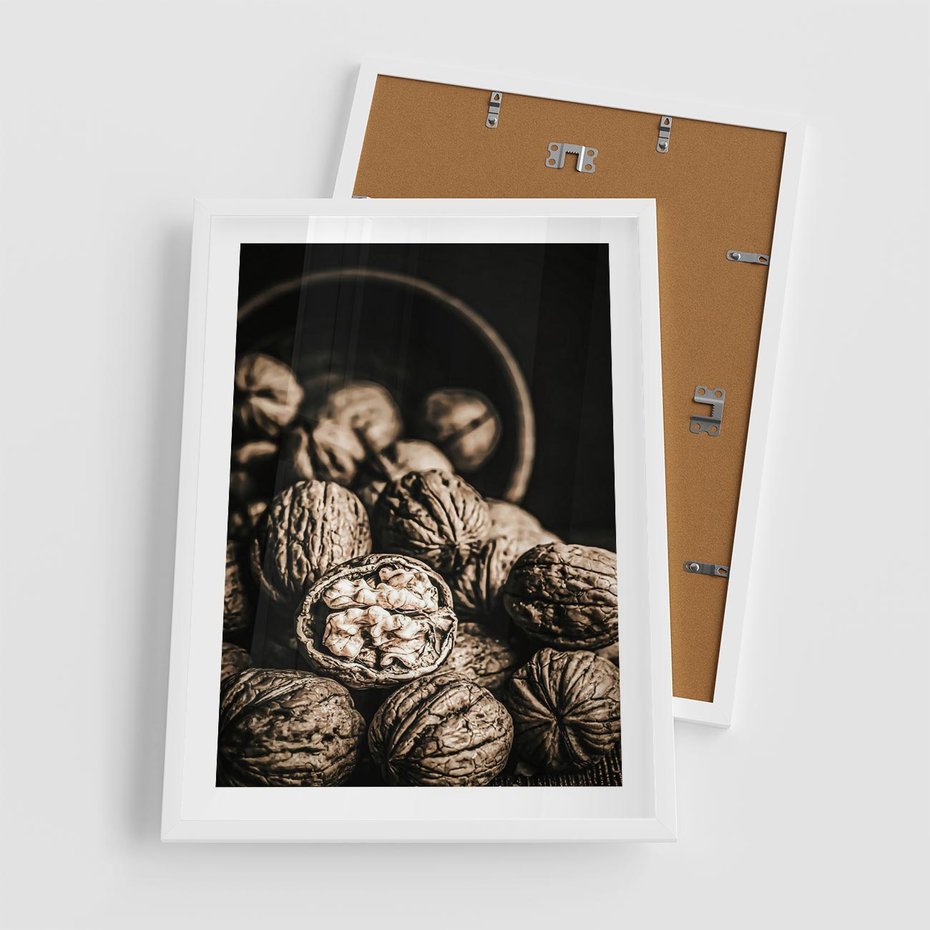 Plakat w ramie 50x70 - Orzechy Włoskie w Sepii - orzechy włoskie, fotografia retro - rama biała