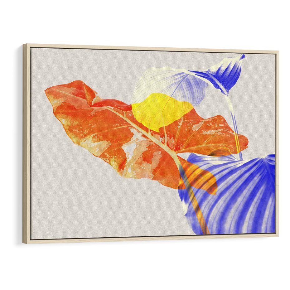 Obraz w ramie 70x50 - Energetyczne Indygo - retro, tropikalne liście - rama drewno
