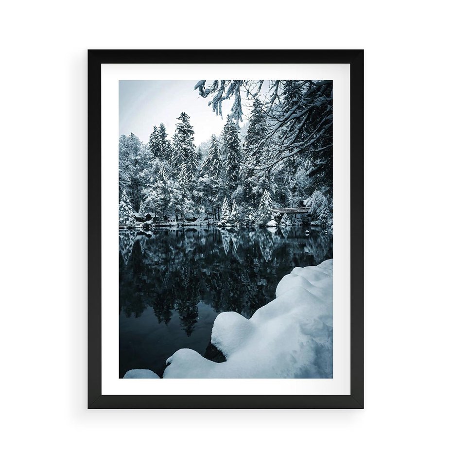 Plakat w ramie 50x70 - Zima nad Jeziorem - krajobraz zimowy, jezioro - rama czarna