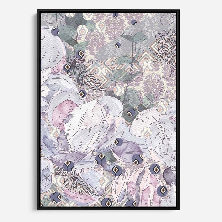 Obraz w ramie 50x70 - Malowane oddechy istnienia - pomieszane tekstury, kwiatowe elementy - rama czarna