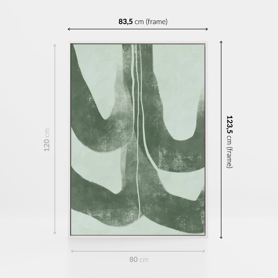 Obraz w ramie 80x120 - Nurtująca Kompozycja Zieleni - abstrakcyjne delikatne zielone linie, podobne do gałęzi kwiatów - rama biała