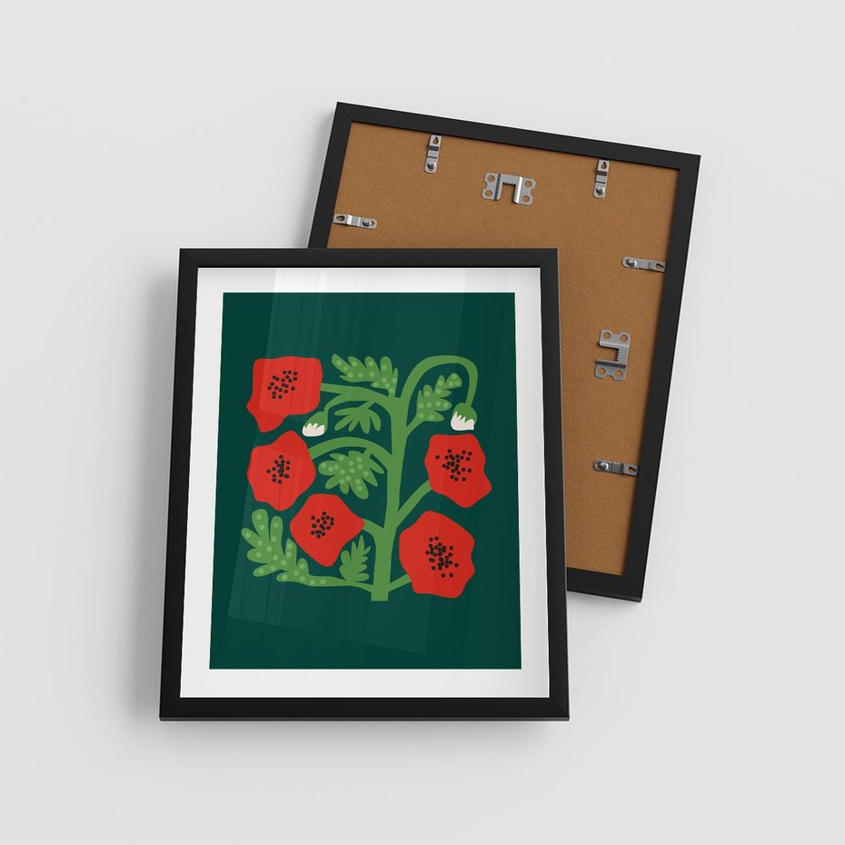 Plakat w ramie 40x50 - Księga Odbić - abstrakcyjna kwiatowa kompozycja, zielone mocne tło - rama czarna