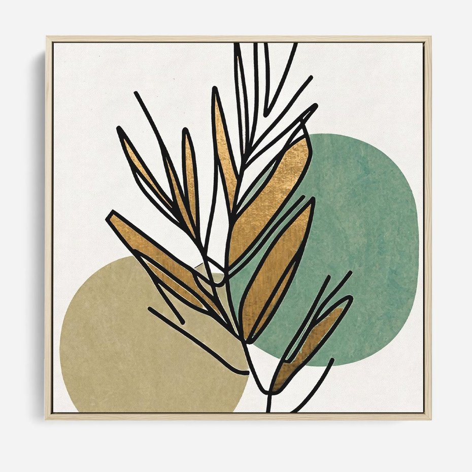 Obraz w ramie 80x80 - Migocące Ścieżki Wizji - abstrakcyjny obraz boho, liście - rama drewno