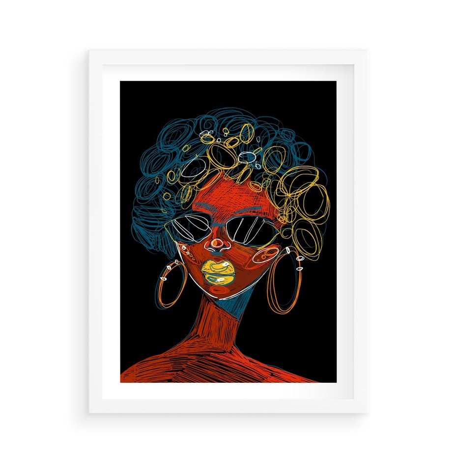 Plakat w ramie 50x70 - Kolorowe Wibracje Rzeczywistości - abstrakcyjny portret kobiety, twarz - rama biała