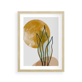 Plakat w ramie 40x50 - Światło Natury: Graficzne Liście i Złote Słońce - grafika, graficzne liście - rama drewno