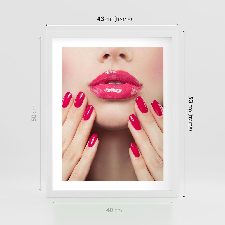 Plakat w ramie 40x50 - Wyrażenie Piękna - paznokcie, usta - rama biała