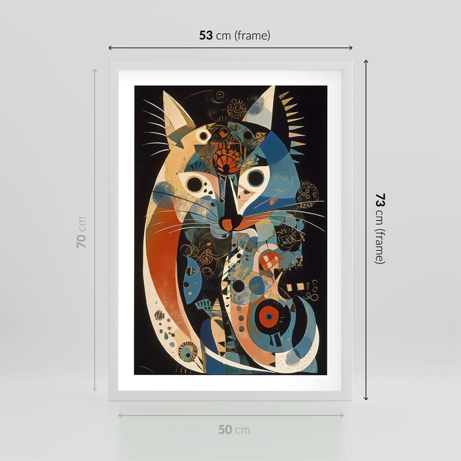 Plakat w ramie 50x70 - Księga Surrealnych Wymiarów - abstrakcyjny obraz olejny, kot - rama biała
