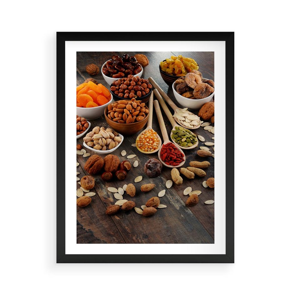 Plakat w ramie 50x70 - Szlachetne smaki kuchni - nasiona, bakalie - rama czarna