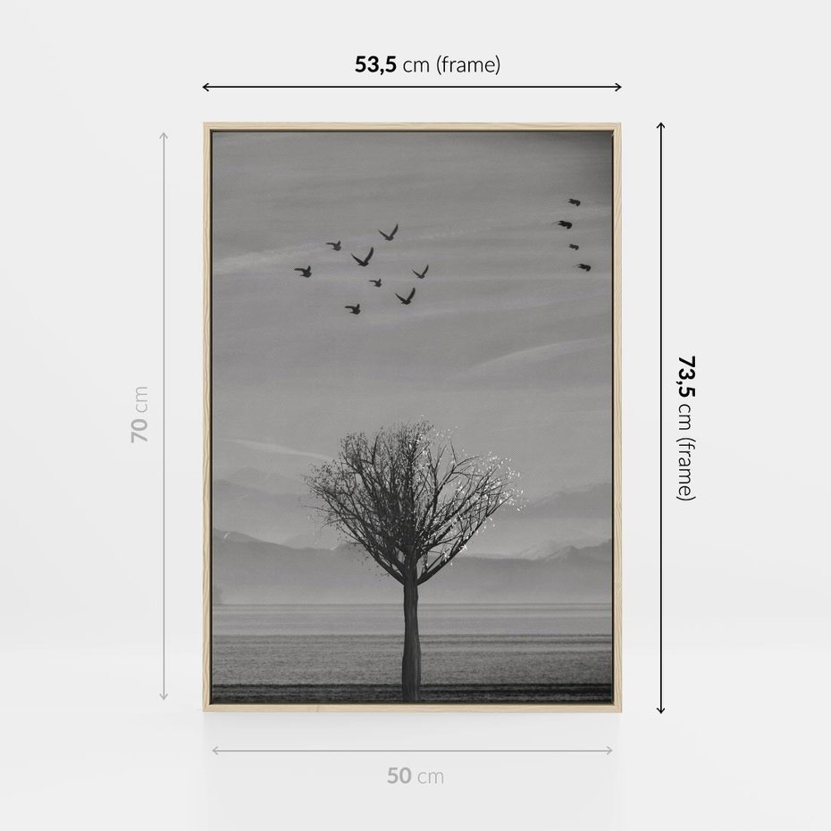 Obraz w ramie 50x70 - Samotne Drzewo - samotne drzewo w polu, czarno białe zdjęcie - rama drewno
