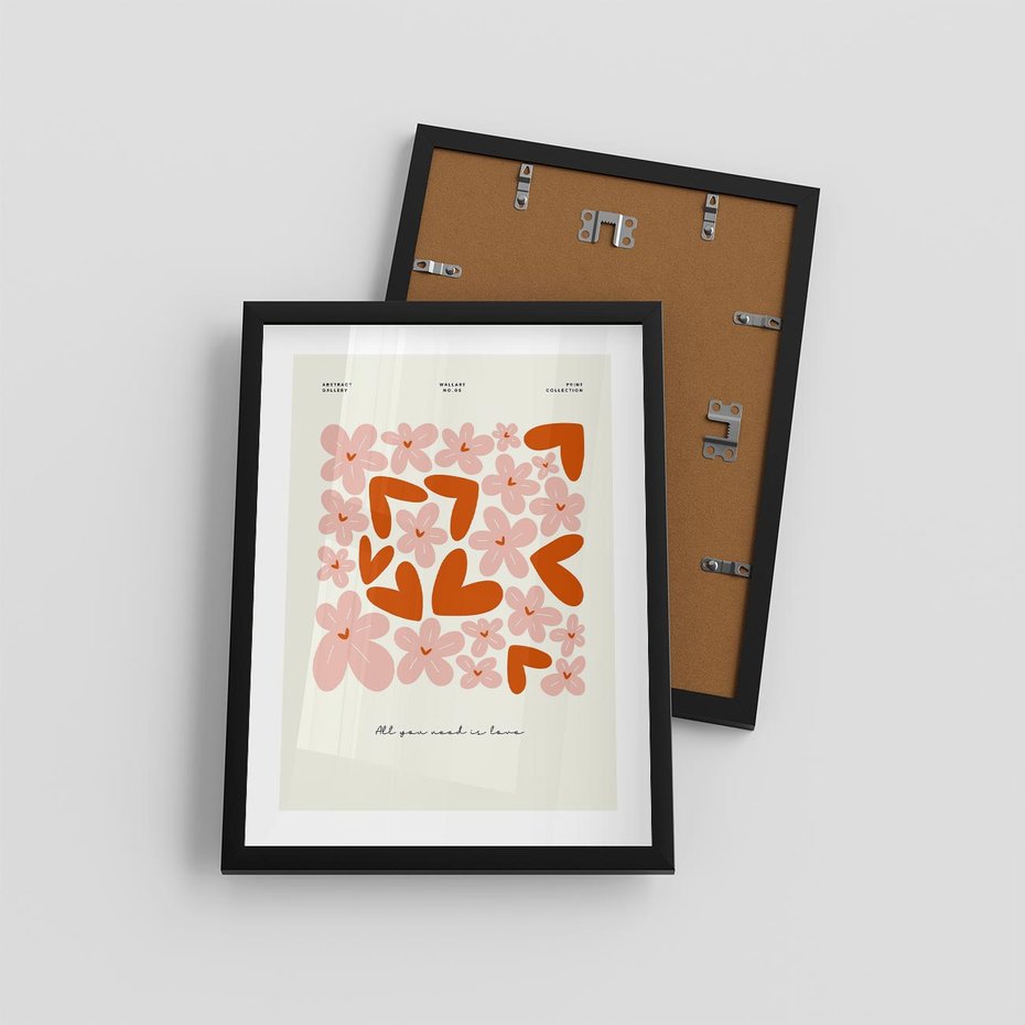 Plakat w ramie 30x40 - Miłość w Kompozycji - grafika, kompozycja kwiaty i serca - rama czarna