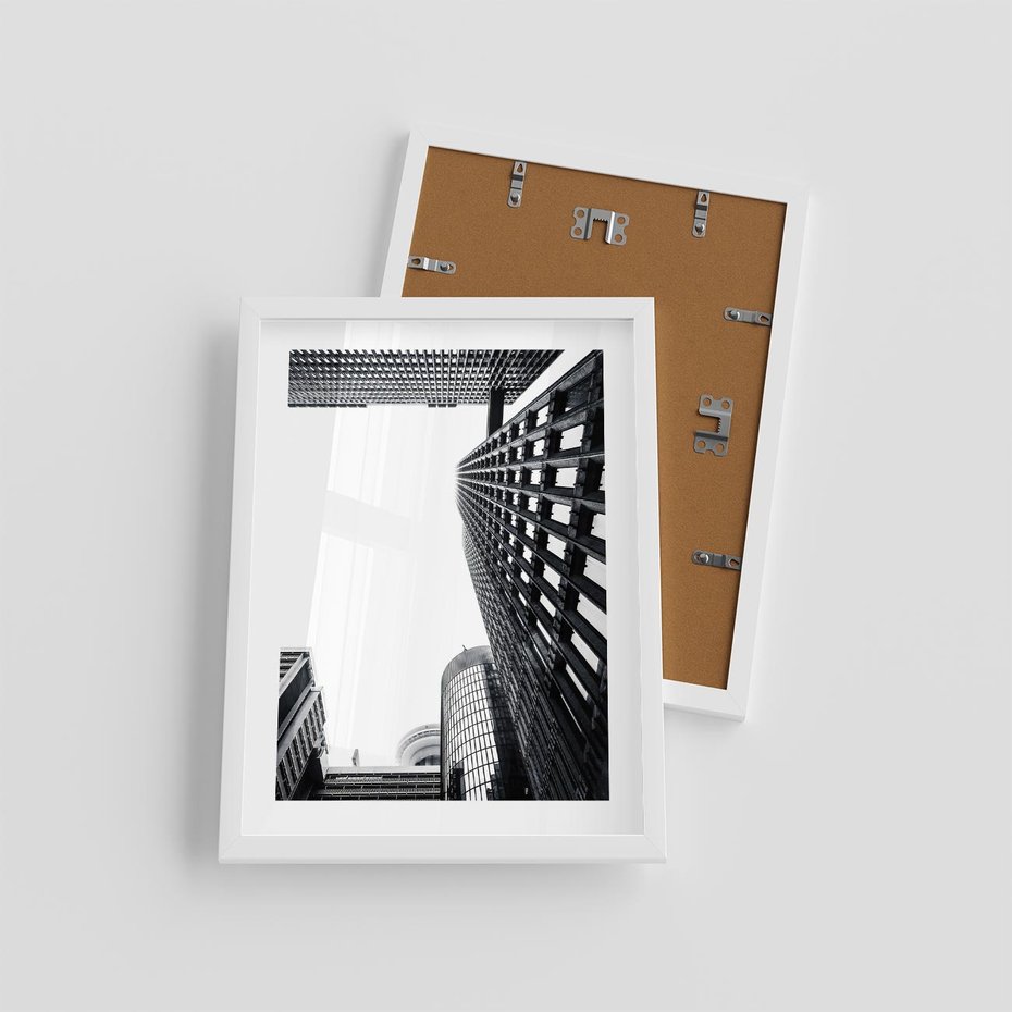 Plakat w ramie 30x40 - Monochromatyczna Sceneria Wieżowców - architektura, wieżowce - rama biała
