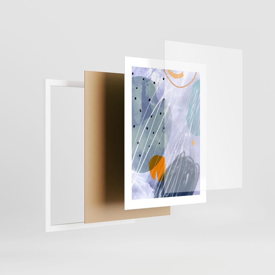 Plakat w ramie 30x40 - Pastelowe Przenikanie - abstrakcyjny plakat do młodzieżowego pokoju, granaty fiolety - rama biała