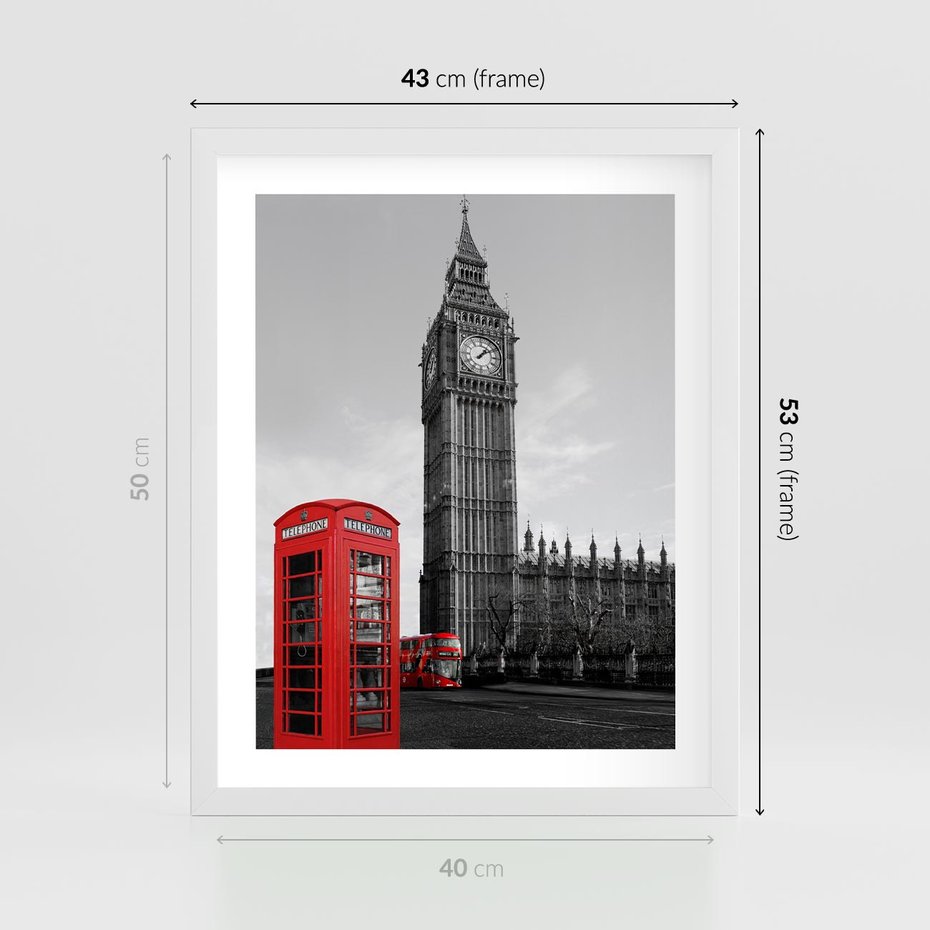 Plakat w ramie 40x50 - Budka telefoniczna przed Big Benem - budka, Londyn - rama biała