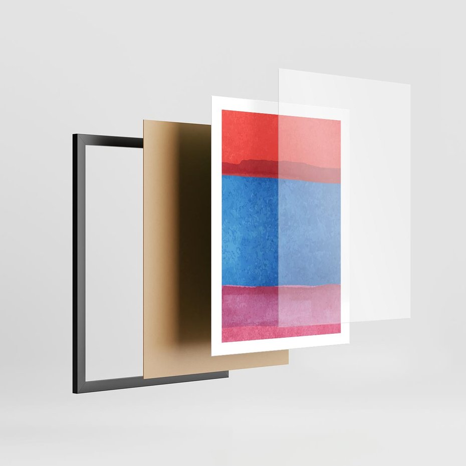 Plakat w ramie 50x70 - Migocące Formy - kolorowe akwarelowe pasy, odcienie czerwień - rama czarna