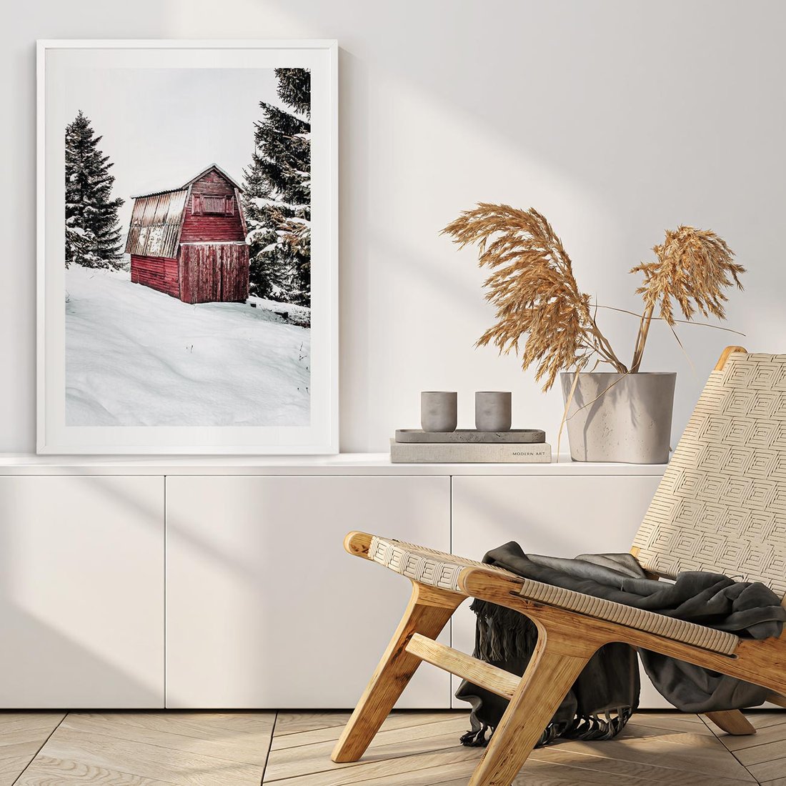 Plakat w ramie 50x70 - Domek w Śnieżnych Górach - domek, góry - rama biała