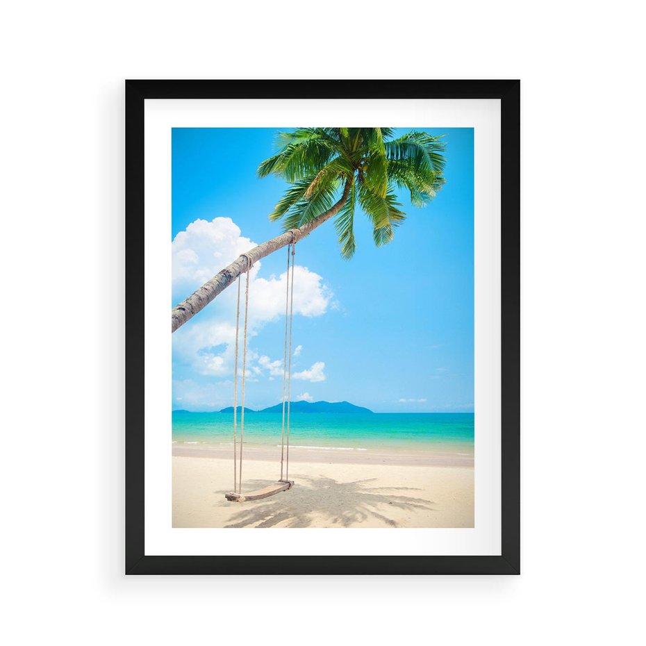 Plakat w ramie 40x50 - Hawajska palma i huśtawka na plaży - palma, huśtawka - rama czarna
