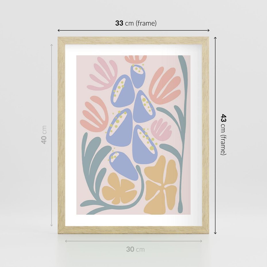 Plakat w ramie 30x40 - Minimalistycznie i Pastelowo - pastelowe kwiaty, na beżowym tle - rama drewno