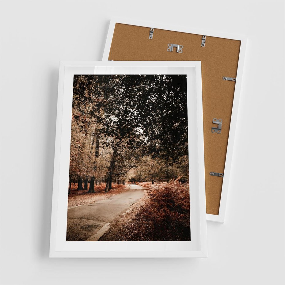 Plakat w ramie 50x70 - Magia Jesieni: Pejzaż Parku w Odcieniach Żółci - jesień, park - rama biała