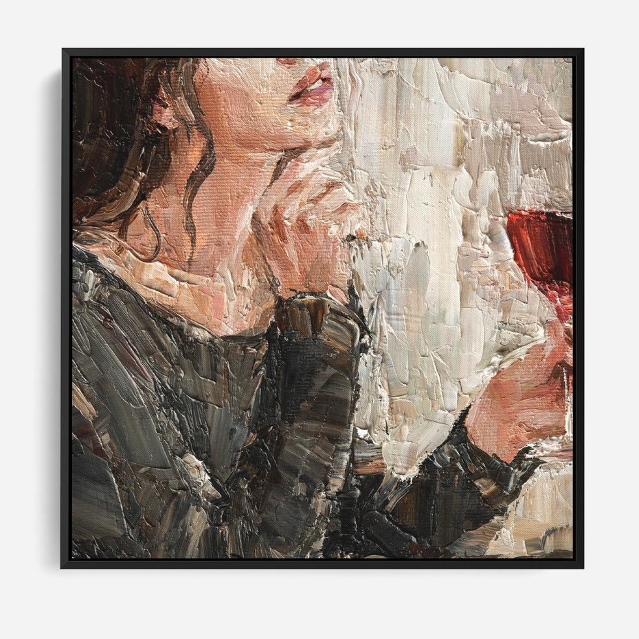 Obraz w ramie 50x50 - Esencja - kobieta wino obraz impresonizm olej na płótnie - rama czarna