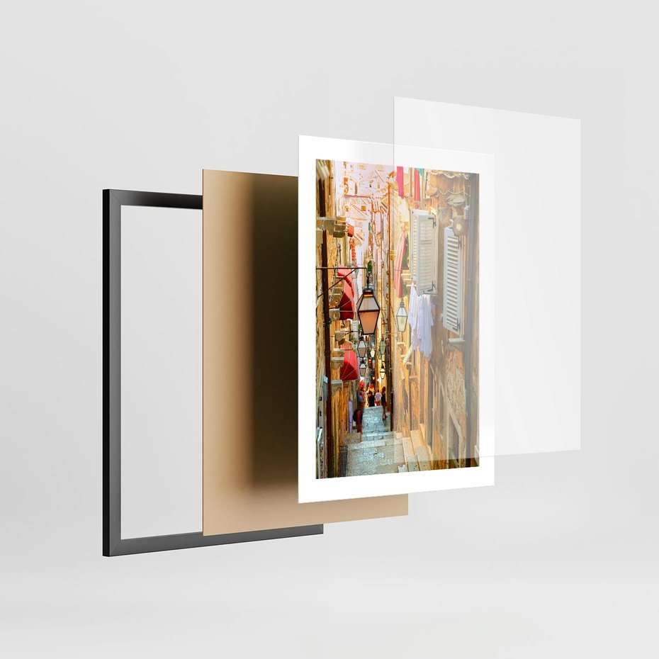 Plakat w ramie 30x40 - Odkryj tajemnice miasta - uliczka, perspektywa - rama czarna