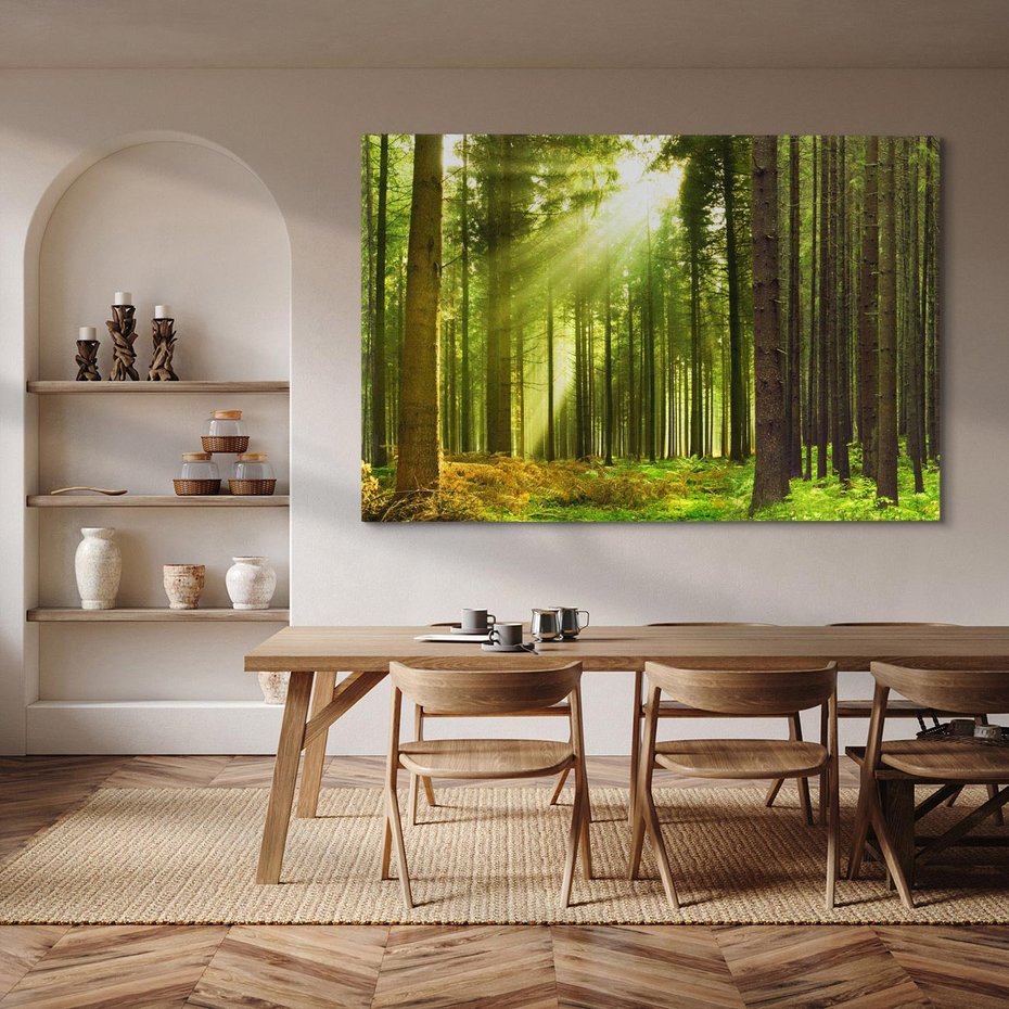 Obraz na płótnie 70x50 - Spokój wśród drzew: las w odcieniach zieleni - las, drzewa
