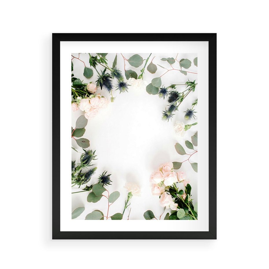 Plakat w ramie 40x50 - Róże i Zielone Liście - kompozycja kwiatowa, róże - rama czarna