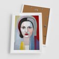 Plakat w ramie 50x70 - Kolorowe Granice Form - abstrakcyjny obraz olejny, portret twarzy kobiety - rama biała