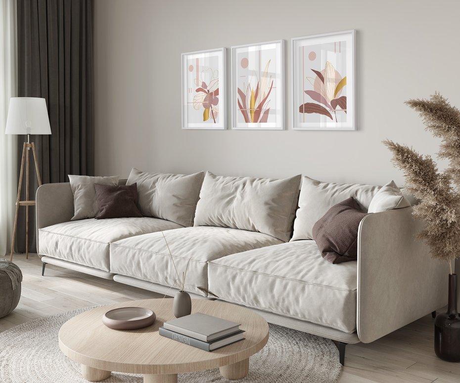 Zestaw obrazy w ramie 50x70 galeria - Złote, liście, pastelowe, nowoczesne - rama biała