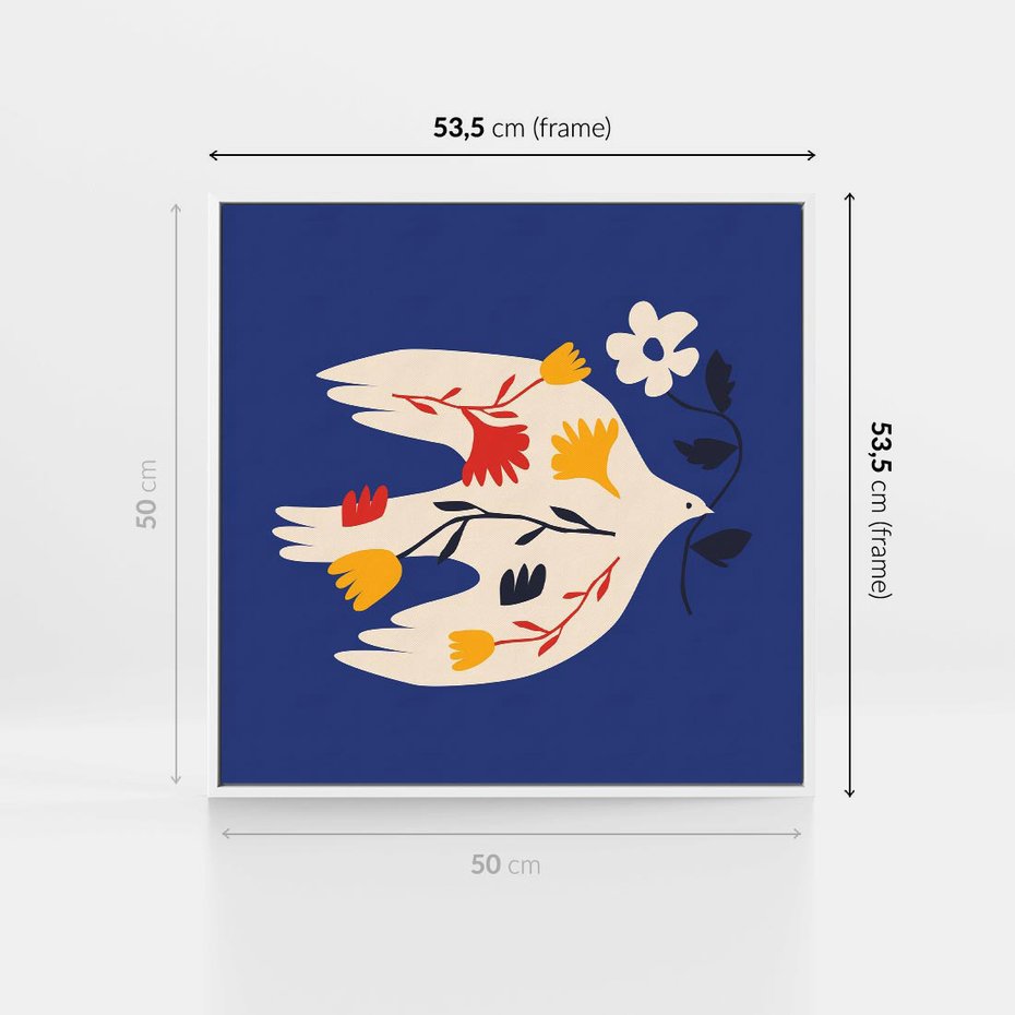 Obraz w ramie 50x50 - Bezczasowy Szept - niebieskie tło, abstrakcyjny biały ptak - rama biała