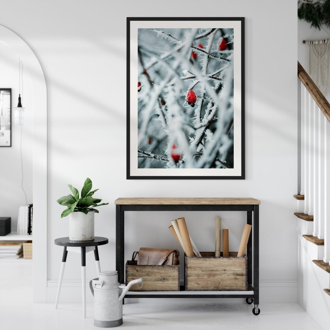 Plakat w ramie 50x70 - Zima na Gałęziach - zima, oszronione gałęzie - rama czarna