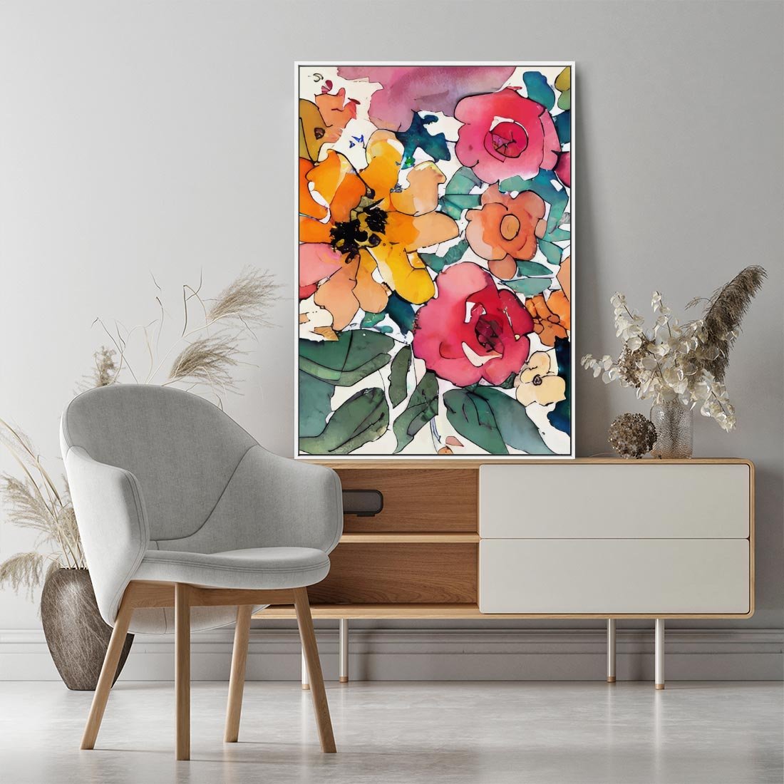 Obraz w ramie 80x120 - Kwiatowy Impuls Kolorów - abstrakcyjne kolorowe kwiaty, szkic - rama biała