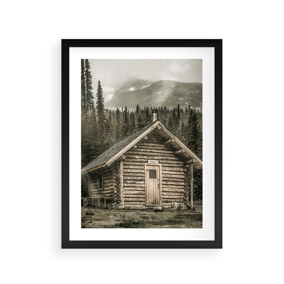 Plakat w ramie 30x40 - Urok Drewnianej Chatki w Górach - chatka w górach, drewniany domek - rama czarna