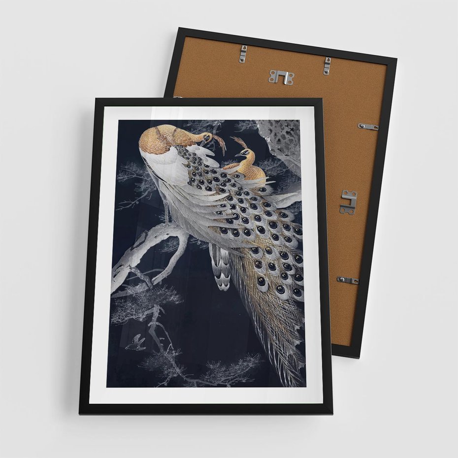 Plakat w ramie 50x70 - Japońskie Pawie - japońska grafika, pawie - rama czarna