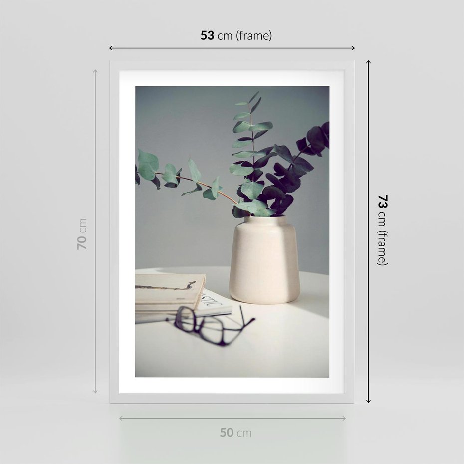 Plakat w ramie 50x70 - Eukaliptusowa Cisza - kompozycja, liście eukaliptusa w wazonie - rama biała