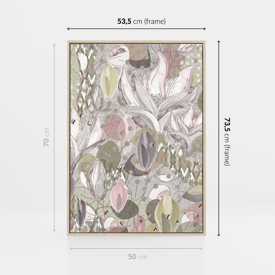 Obraz w ramie 50x70 - Pejzaże zatajonej duszy - połączenie tekstur, roślinne motywy - rama drewno