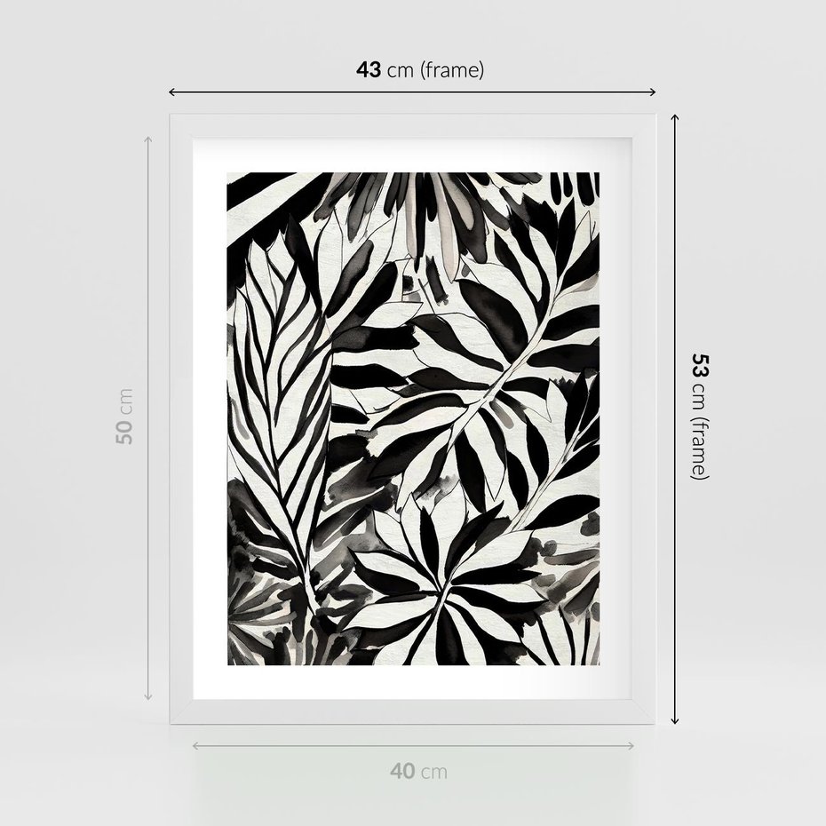 Plakat w ramie 40x50 - Czarne Liście - akwarelowy obraz, czarno biały - rama biała