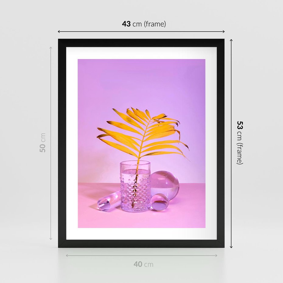 Plakat w ramie 40x50 - Neonowy Liść Palmy na Fotografii - neonowa fotografia, liść palmy w szklance - rama czarna