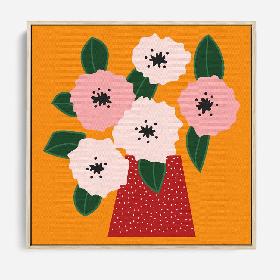 Obraz w ramie 80x80 - Harmonijne Granice - abstrakcyjne kwiaty, żółte tło - rama drewno