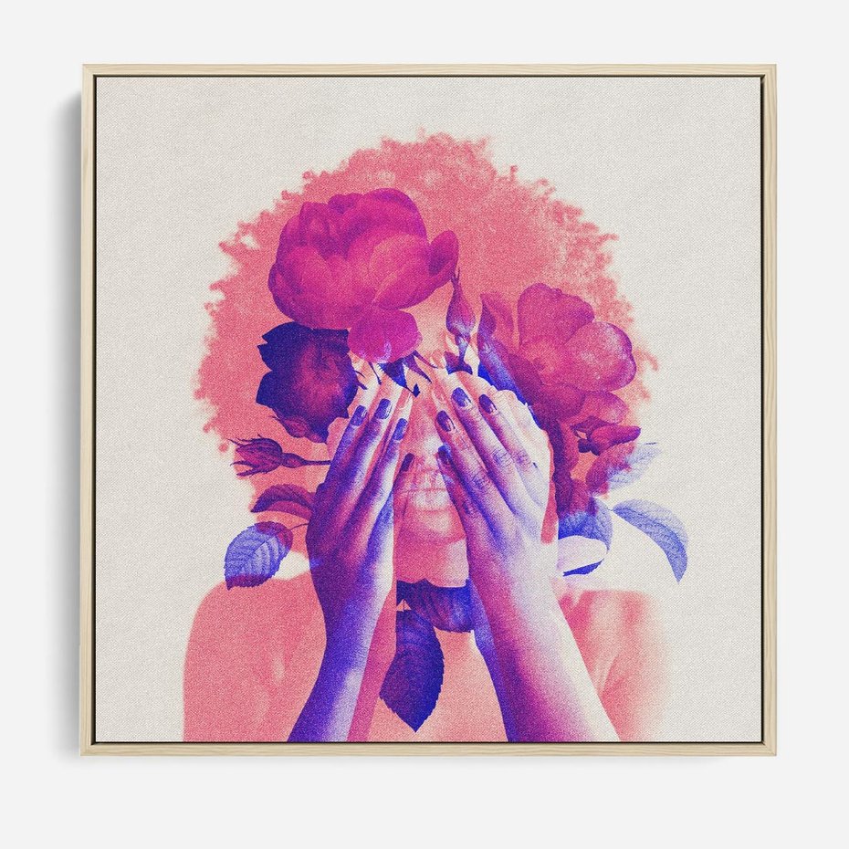 Obraz w ramie 50x50 - Kwiaty we Włosach - różowa postać, grafika - rama drewno