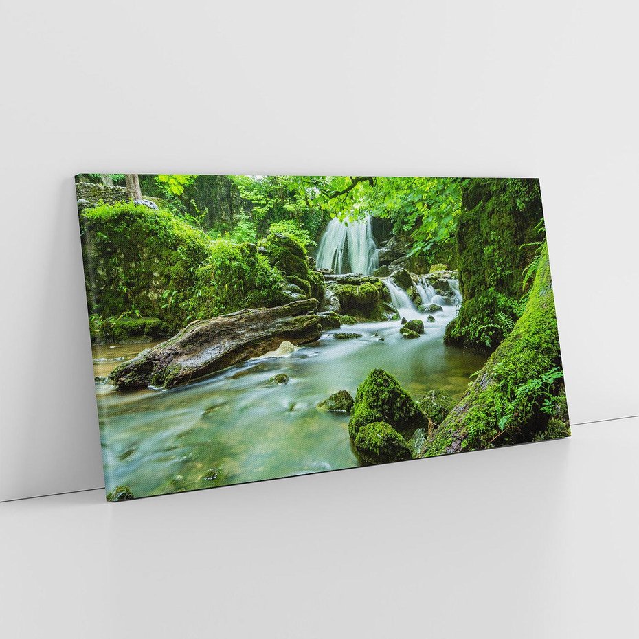 Obraz na płótnie 100x50 - Las przy rzece: potężny wodospad - las, rzeka