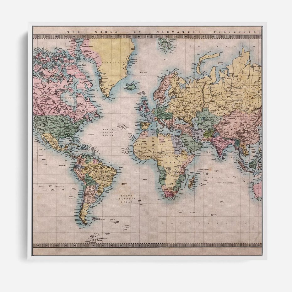 Obraz w ramie 50x50 - Światło Przeszłości - retro mapa świata, mapa - rama biała