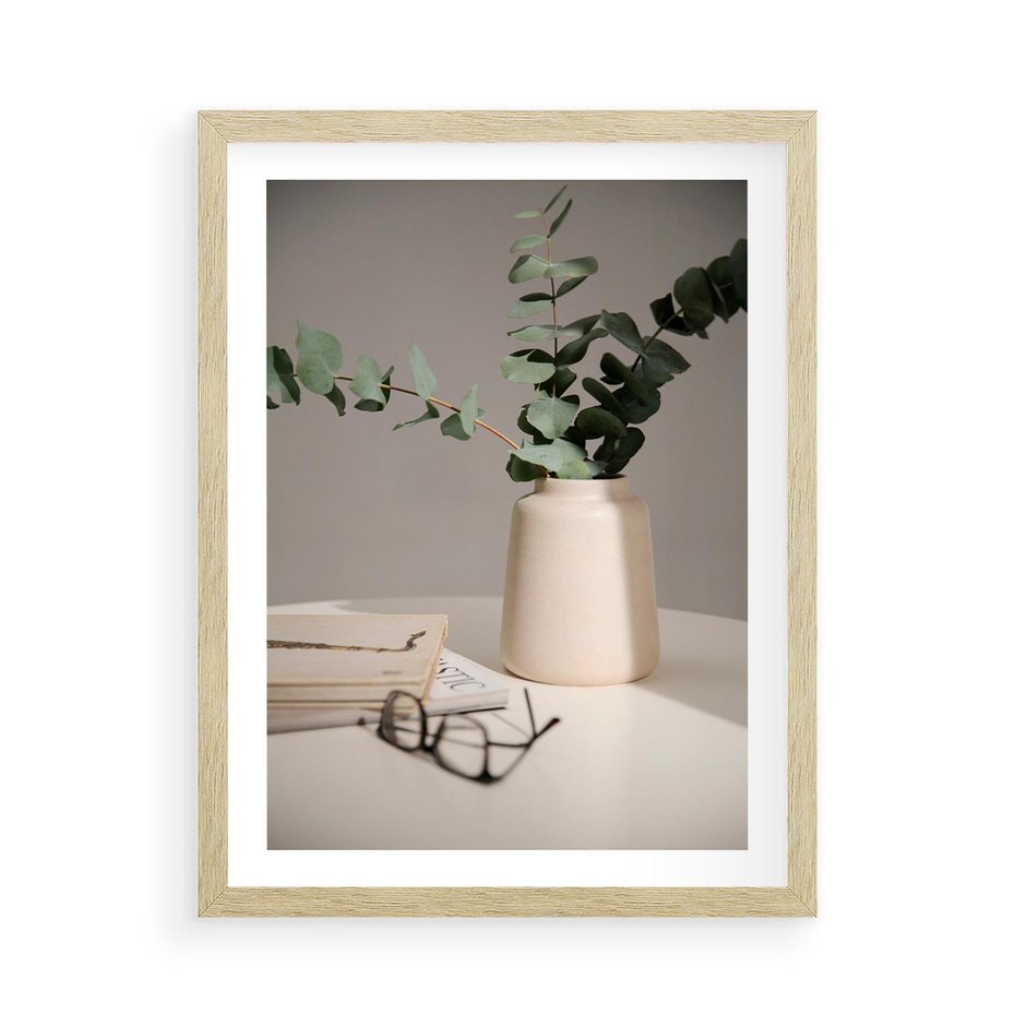Plakat w ramie 50x70 - Eukaliptusowe liście w okularach - liście, eukaliptus - rama drewno