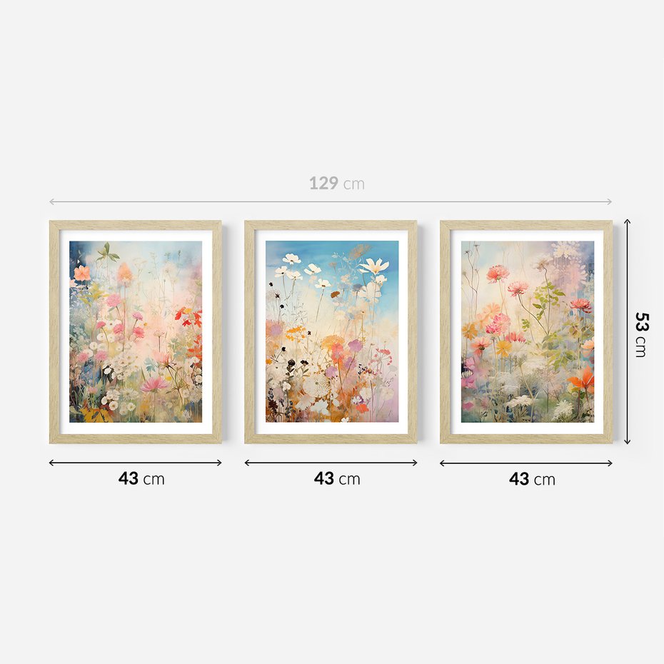Zestaw obrazy w ramie 40x50 galeria - kwiaty, łąka, akwarela, boho - rama drewno