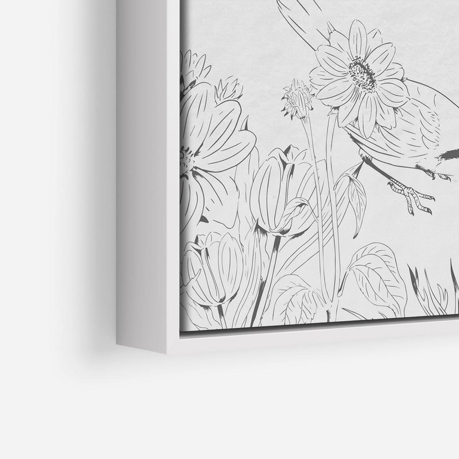 Obraz w ramie 80x80 - Tropiki w Monochromie - czarno biały szkic, tropikalne ptaki - rama biała