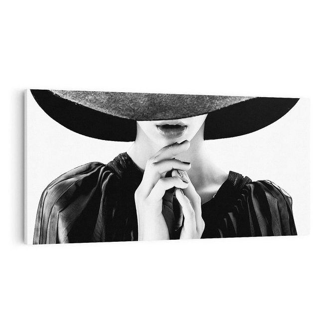 Obraz na płótnie 100x50 - Czarna Elegancja - fotografia czarno biała, zbliżenie portret kobiety w czerni