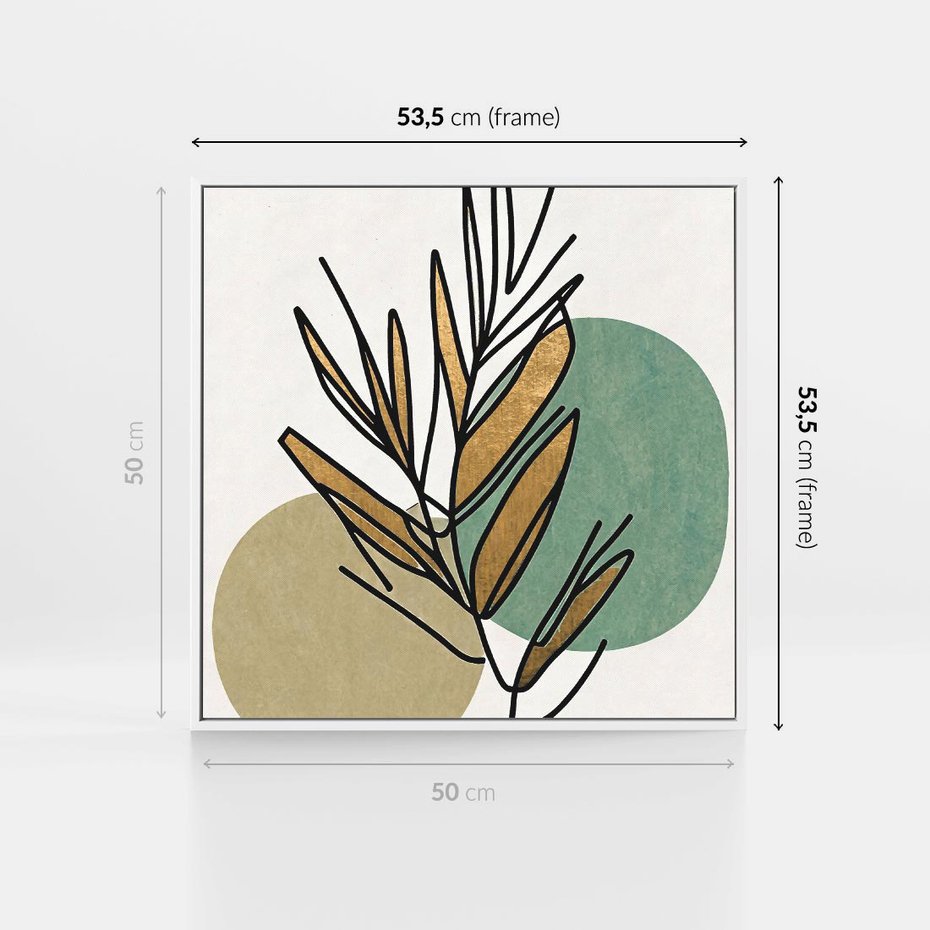 Obraz w ramie 50x50 - Migocące Ścieżki Wizji - abstrakcyjny obraz boho, liście - rama biała