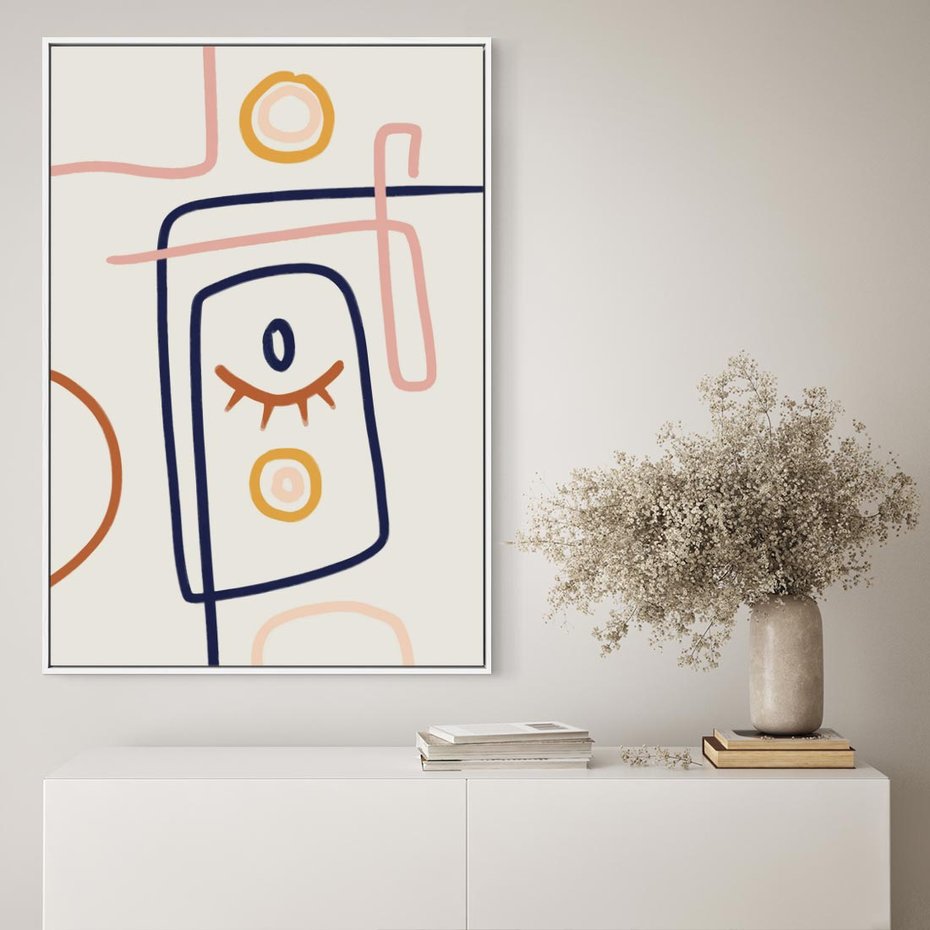 Obraz w ramie 80x120 - Manifestacje Dziwności - abstrakcja w stylu picasso, beżowe tło - rama biała