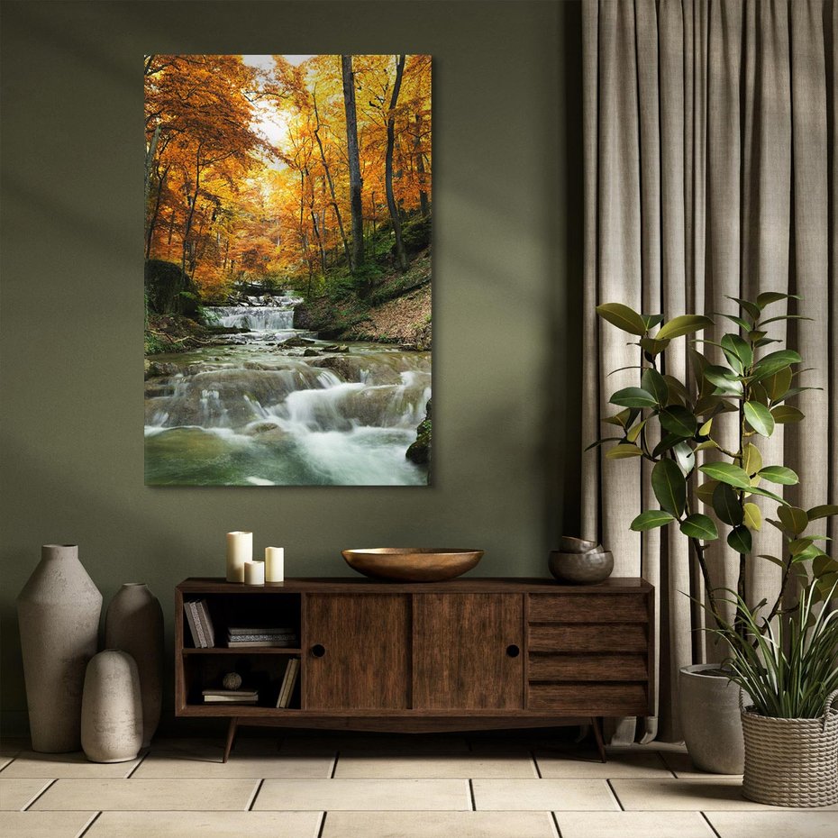 Obraz na płótnie 80x120 - Urok lasu: drzewa i strumyk w harmonii - las, drzewa