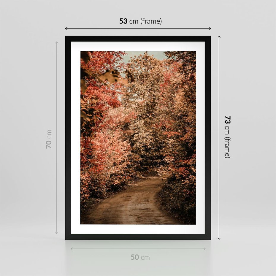 Plakat w ramie 50x70 - Obraz przedstawia jesienne drzewa i czerwone liście na ścieżce w lesie. Ta sceneria doskonale oddaje urok i kolorystykę jesieni w lesie. - las, jesień - rama czarna